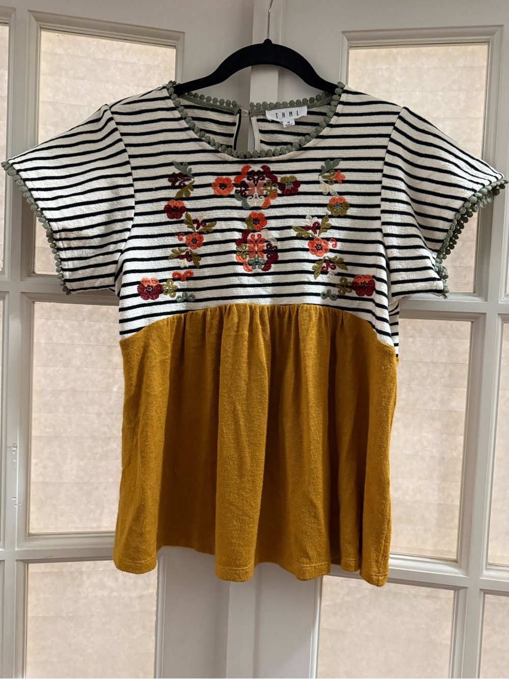 THML Black & White Striped Floral Embroidered Mustard Peplum Top with Green Trim